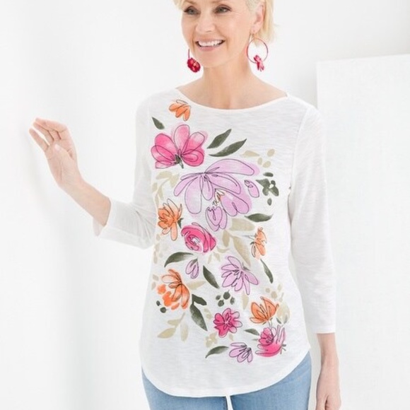 Chico’s Embroidered Floral ¾ Sleeve Tee, Size 2/Large NWOT - Picture 1 of 10